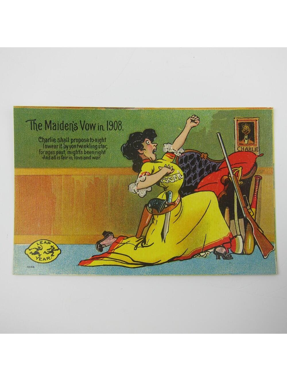 Leap Year Maiden's Vow Woman Hunts Man Guns Marriage Humor Unposted Antique 1908